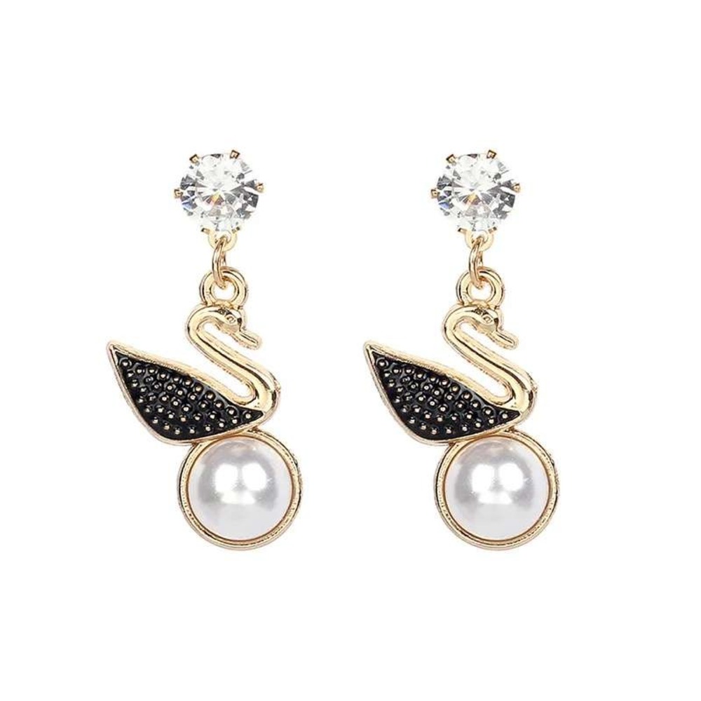 Swan Drop Earrings OS Gold White Faux Pearl CZ Pave Dangle Chic Minimal Daily